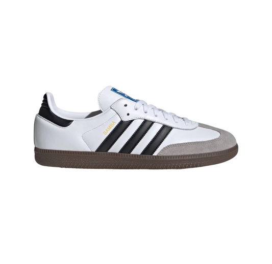 Adidas Samba OG Cloud White – vue latérale des baskets rétro en cuir et suède blanc avec semelle gomme et bandes noires