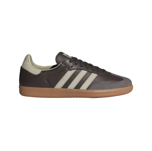 Adidas Samba OG Brown Putty – vue latérale des baskets rétro en cuir et suède avec semelle gomme et bandes grises