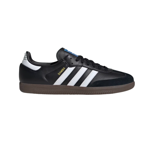 Adidas Samba OG Core Black – vue latérale des baskets rétro en cuir pleine fleur avec semelle gomme et bandes blanches