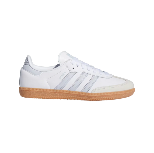 Adidas Samba OG Cloud White – vue latérale des baskets rétro en cuir avec semelle gomme et détails bleu clair