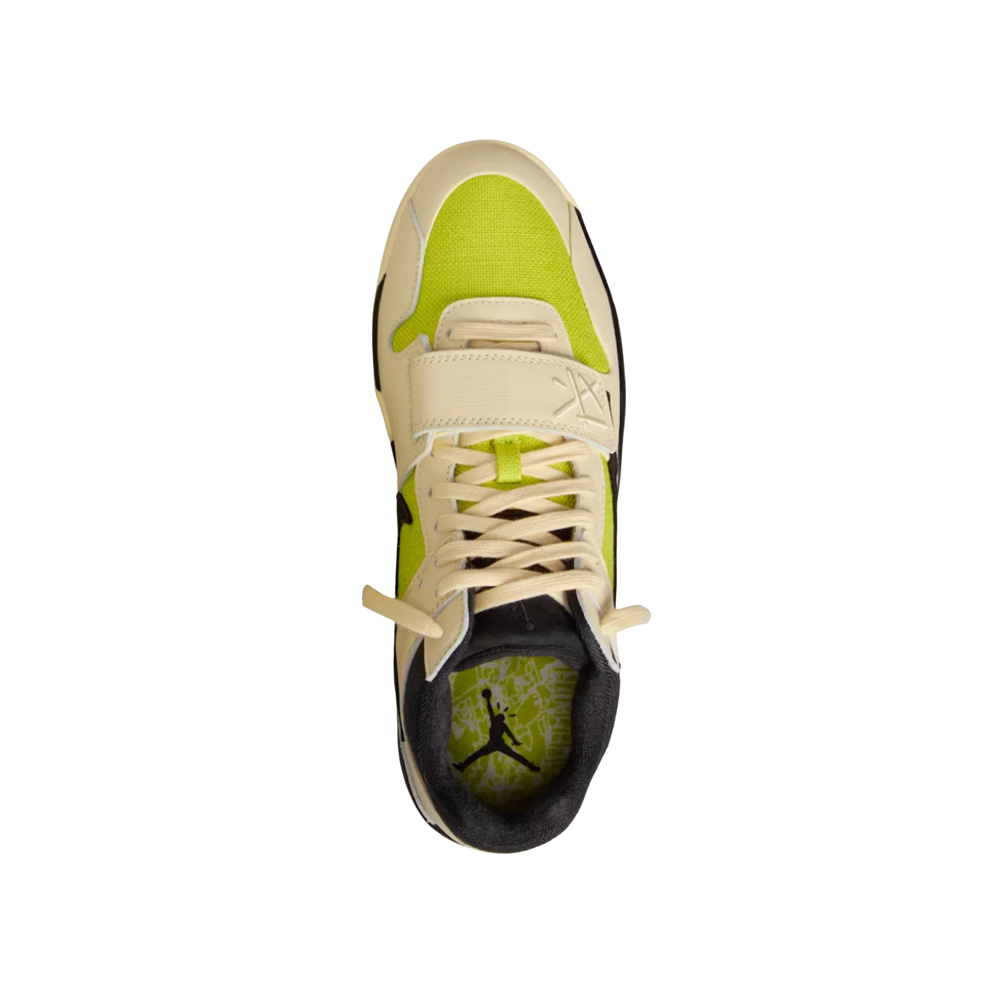 Jordan 1 Travis Scott Bright Cactus – vue-dessus des baskets en toile Bright Cactus avec swoosh noir et empiècements crème