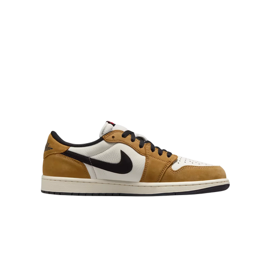 Jordan 1 Low Rookie Of The Year – vue latérale des baskets en cuir premium Golden Harvest et Swoosh noir