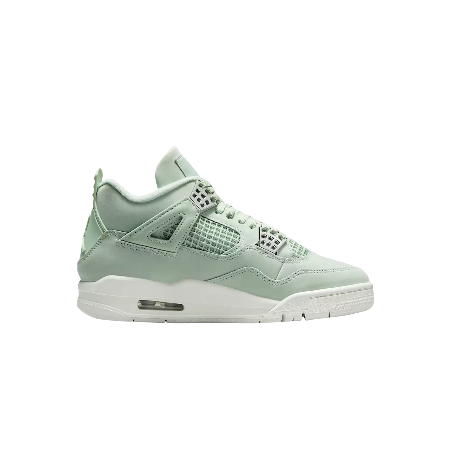 Jordan 4 Retro Seafoam – vue latérale des baskets en cuir enduit avec cage AJ4 signature et semelle blanche