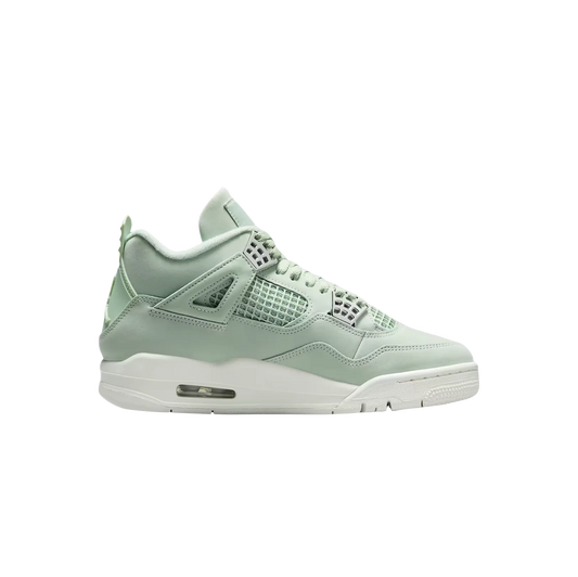 Jordan 4 Retro Seafoam – vue latérale des baskets en cuir enduit avec cage AJ4 signature et semelle blanche