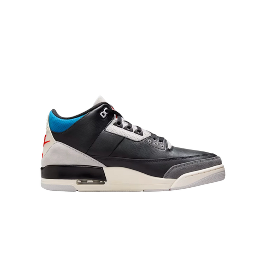 Jordan 3 Retro OG Rare Air – vue latérale des baskets rétro en cuir noir avec imprimé Elephant et unité Air visible