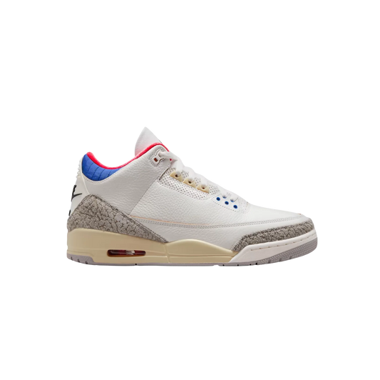 Jordan 3 Retro Seoul 2.0 – vue latérale des baskets en cuir blanc avec détails Elephant print et semelle beige