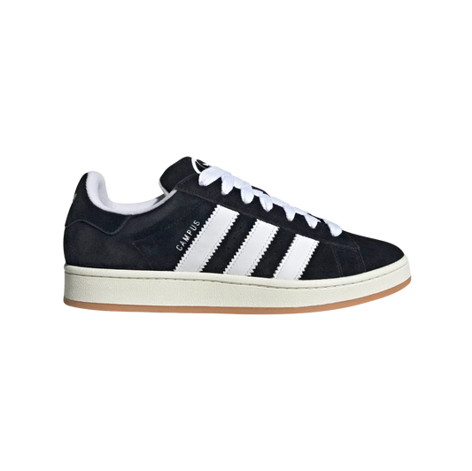 Adidas Campus Core Black – vue latérale des baskets rétro en cuir avec 3 bandes blanches et semelle blanc cassé