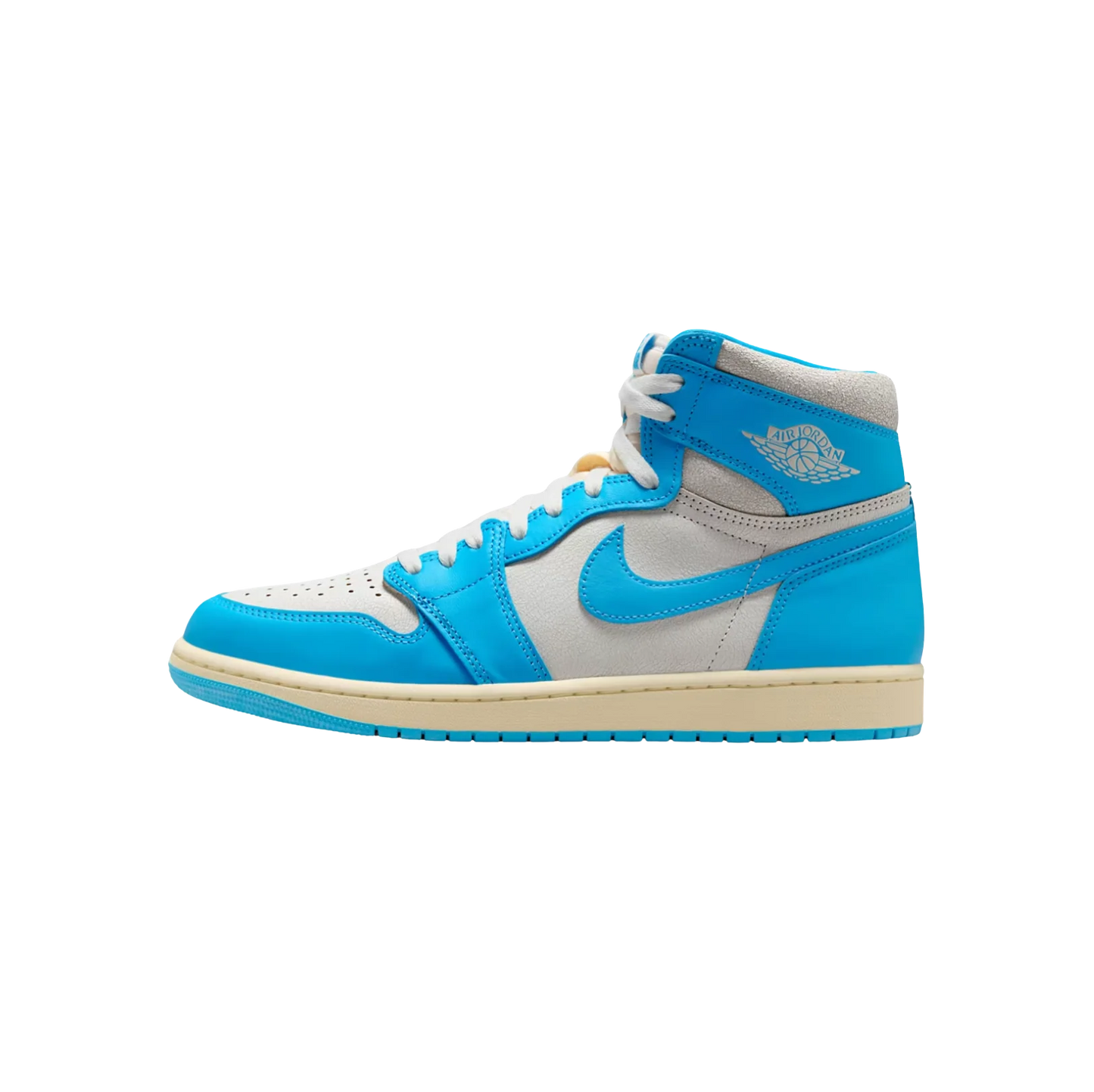 Jordan 1 High OG UNC Reimagined – vue laterale opposée des baskets rétro en cuir premium avec détails Dark Powder Blue et Sail