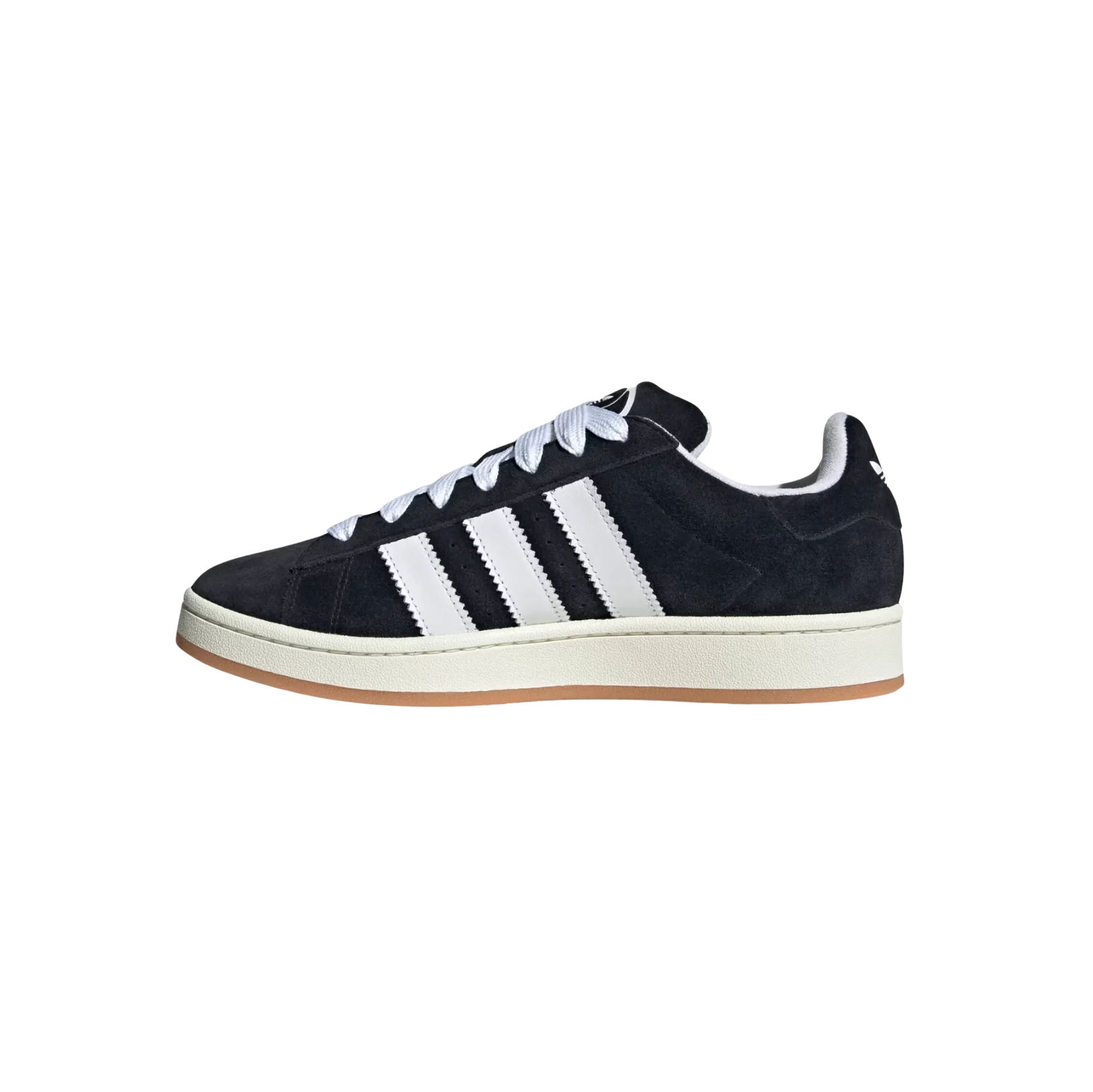 Adidas Campus Core Black – vue latérale opposée des baskets rétro en cuir noir avec 3 bandes blanches et semelle off white