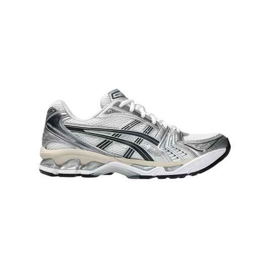 ASICS Kayano 14 Graphite Grey White – vue latérale des baskets rétro-tech en mesh respirant avec amorti GEL™ et semelle extérieure en gomme
