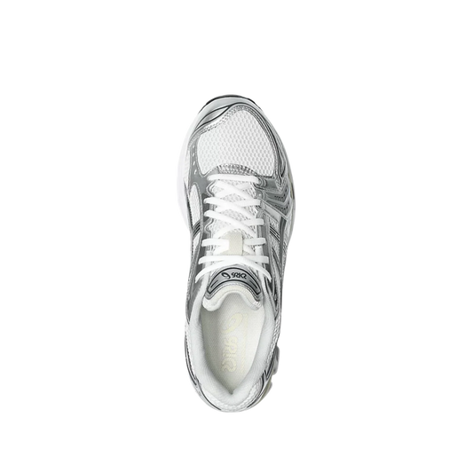 ASICS Kayano 14 Graphite Grey White – vue du dessus des baskets rétro-tech avec tige en mesh blanc, lacets blancs et doublure textile