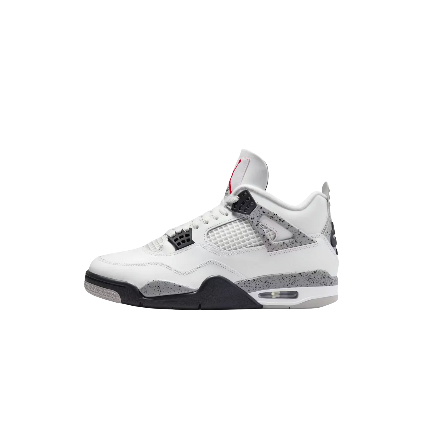 Jordan 4 OG White Cement – vue latérale opposée des baskets en cuir blanc, midsole mouchetée et talon Nike Air.