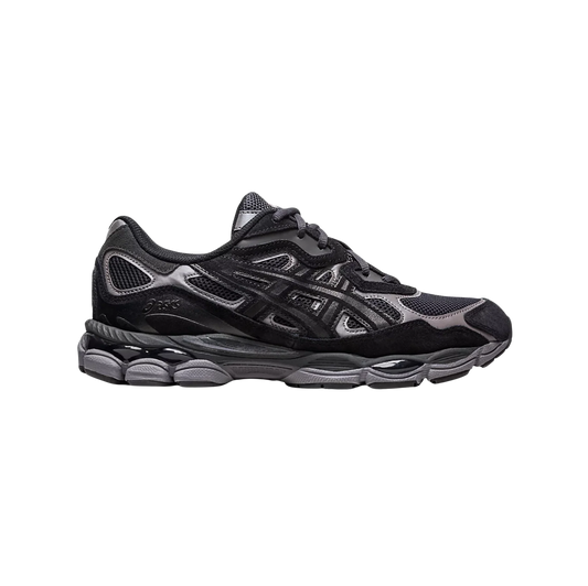 ASICS GEL NYC Graphite Grey Black – vue latérale des baskets rétro-tech en cuir et synthétique avec amorti GEL et semelle gomme