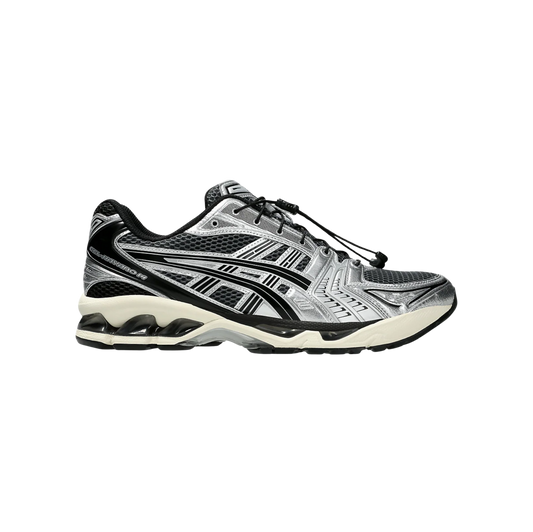 ASICS Kayano 14 Carrier Grey Black – vue latérale des baskets rétro-tech en textile respirant avec amorti GEL et semelle gomme