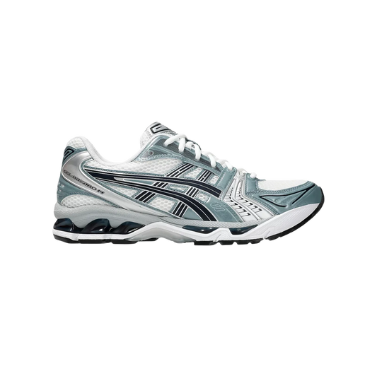 ASICS Kayano 14 White Fjord Grey – vue latérale des baskets rétro-tech en mesh respirant avec amorti GEL et semelle gomme